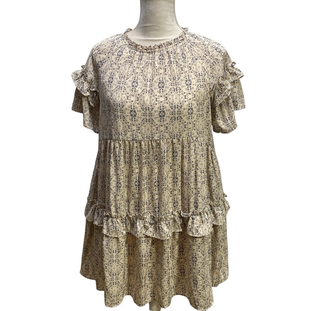 Roolee Dress Womens S Beige Blue Purple Floral Short Sleeve‎ Ruffle Lined Tiered